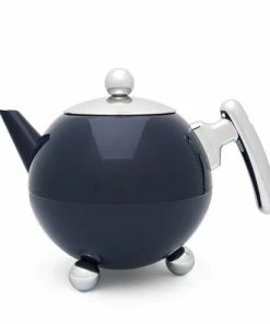 Bredemeijer Teapot Double Wall Bella Ronde Design 1 2 L In Oxford Blue With Chrome
