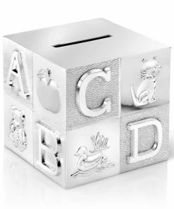Bredemeijer Zilverstad Money Box Cube Design With ABC Motif In Lacquered Silver Plate 7.5cm Square