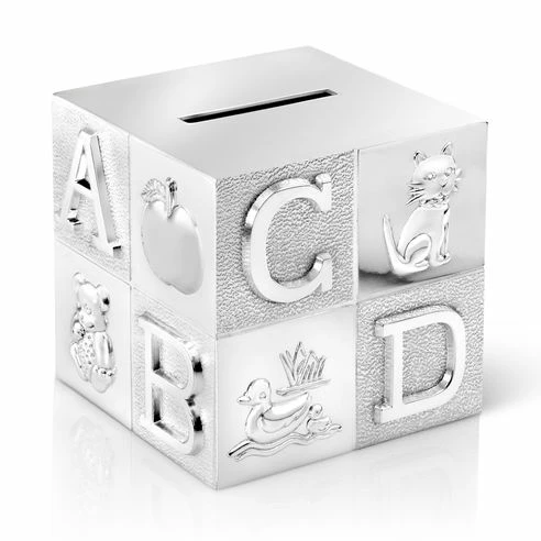 Bredemeijer Zilverstad Money Box Cube Design With ABC Motif In Lacquered Silver Plate 7.5cm Square 3 Bredemeijer Zilverstad Money Box Cube Design With ABC Motif In Lacquered Silver Plate 7.5cm Square