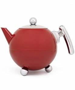 Bredemeijer Teapot Double Wall Bella Ronde Design 1.2l In Red Chrome With Chrome Fittings
