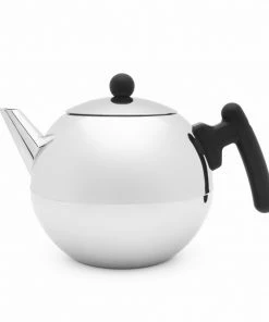 Bredemeijer Teapot Double Wall Bella Ronde Design 1.2L In Polished Steel Finish With Flat Base & Black Fittings